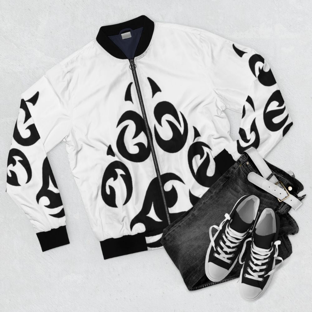 Tribal paw print design on a bomber jacket - Flat lay