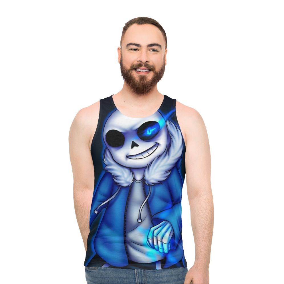 Glowing blue-eyed Sans skeleton unisex tank top - men