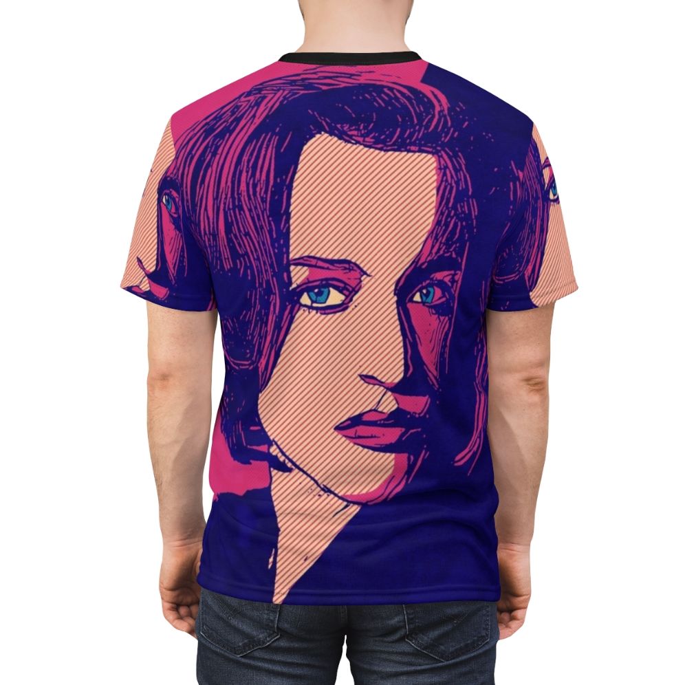 Dana Scully from The X-Files TV show, played by Gillian Anderson, featured on an all-over print t-shirt design. - men back