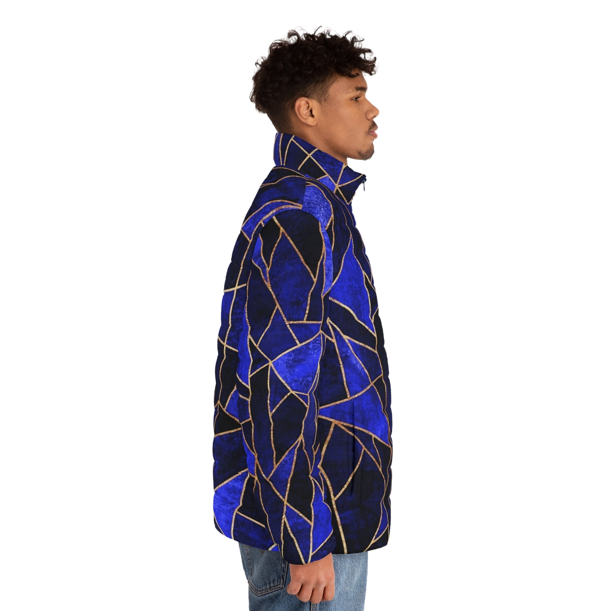 Shattered Sapphire Puffer Jacket with Geometric and Abstract Design - men side right