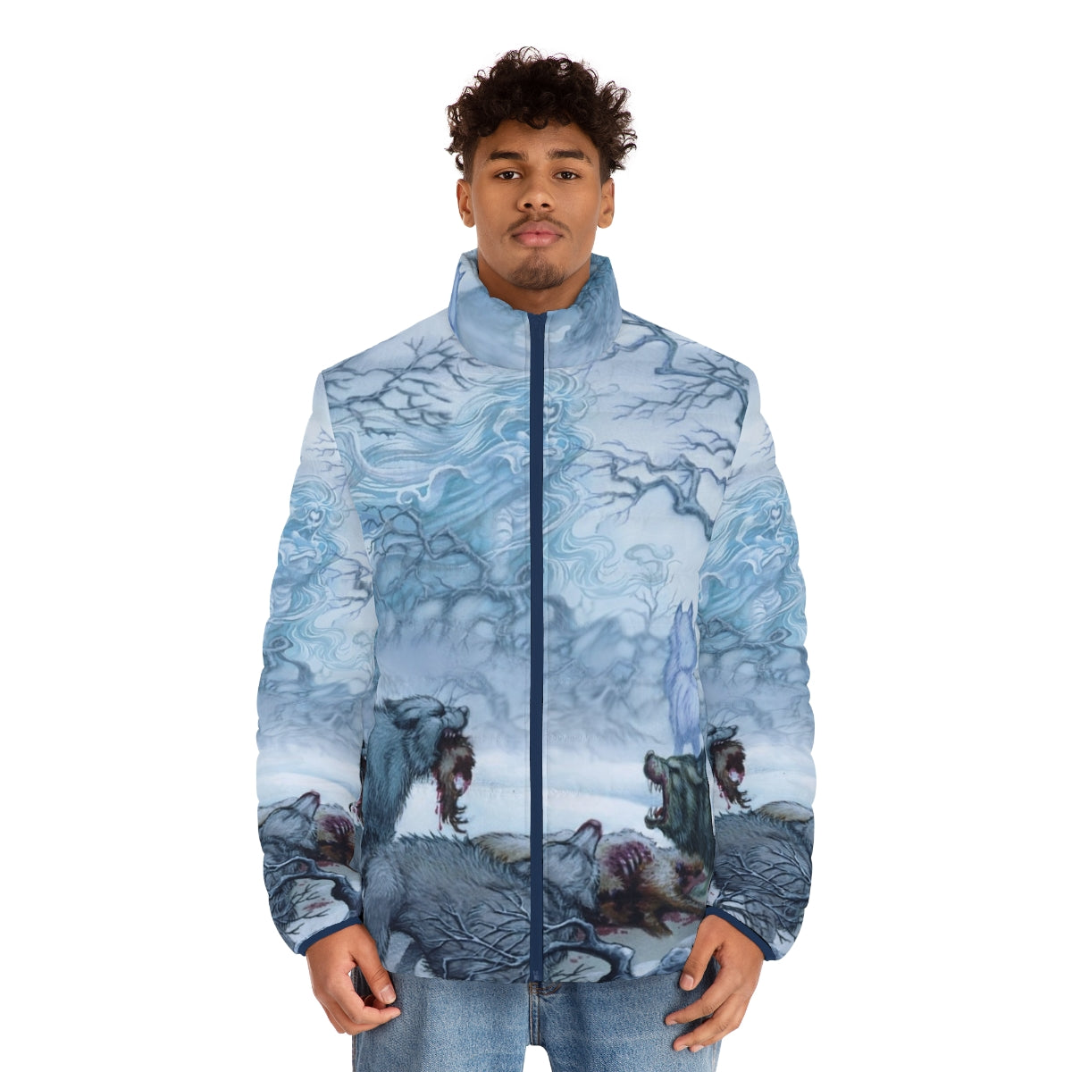 Elfquest inspired puffer jacket with wolf design - men front