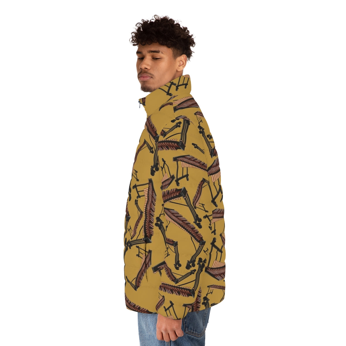 A yellow puffer jacket with a xylophone musical instrument pattern, perfect for musicians and percussionists. - men side left