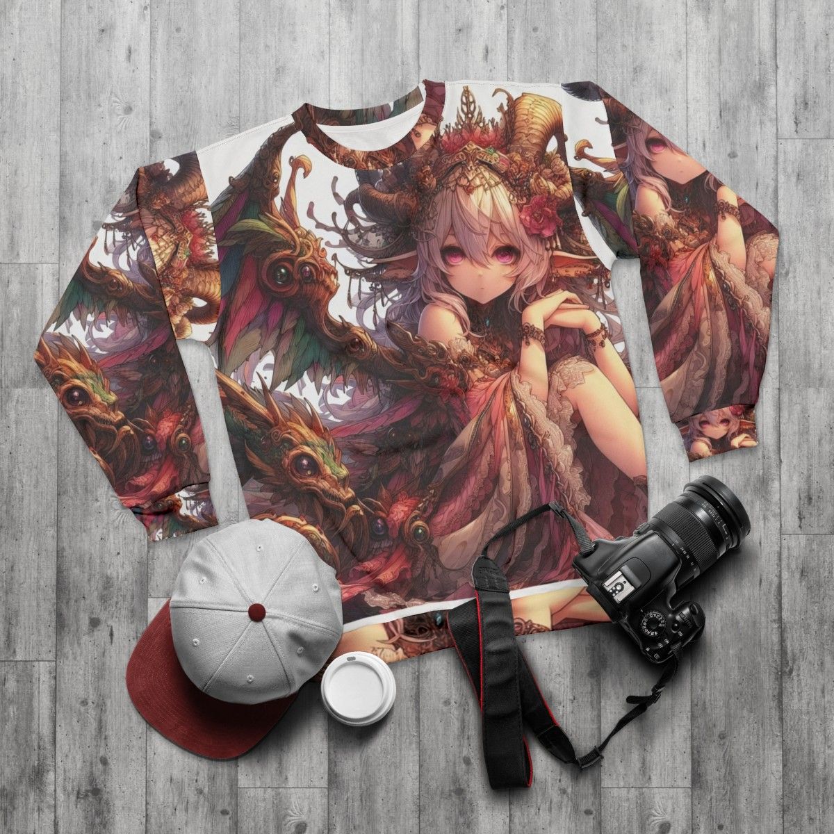 Anime-inspired sweatshirt with a beautiful kawaii design - flat lay