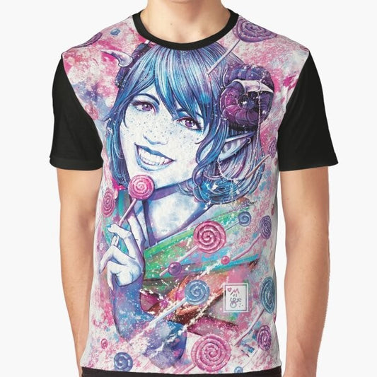 Jester Graphic T-Shirt featuring a watercolor design inspired by the character Jester Lavorre from the popular web series Critical Role.