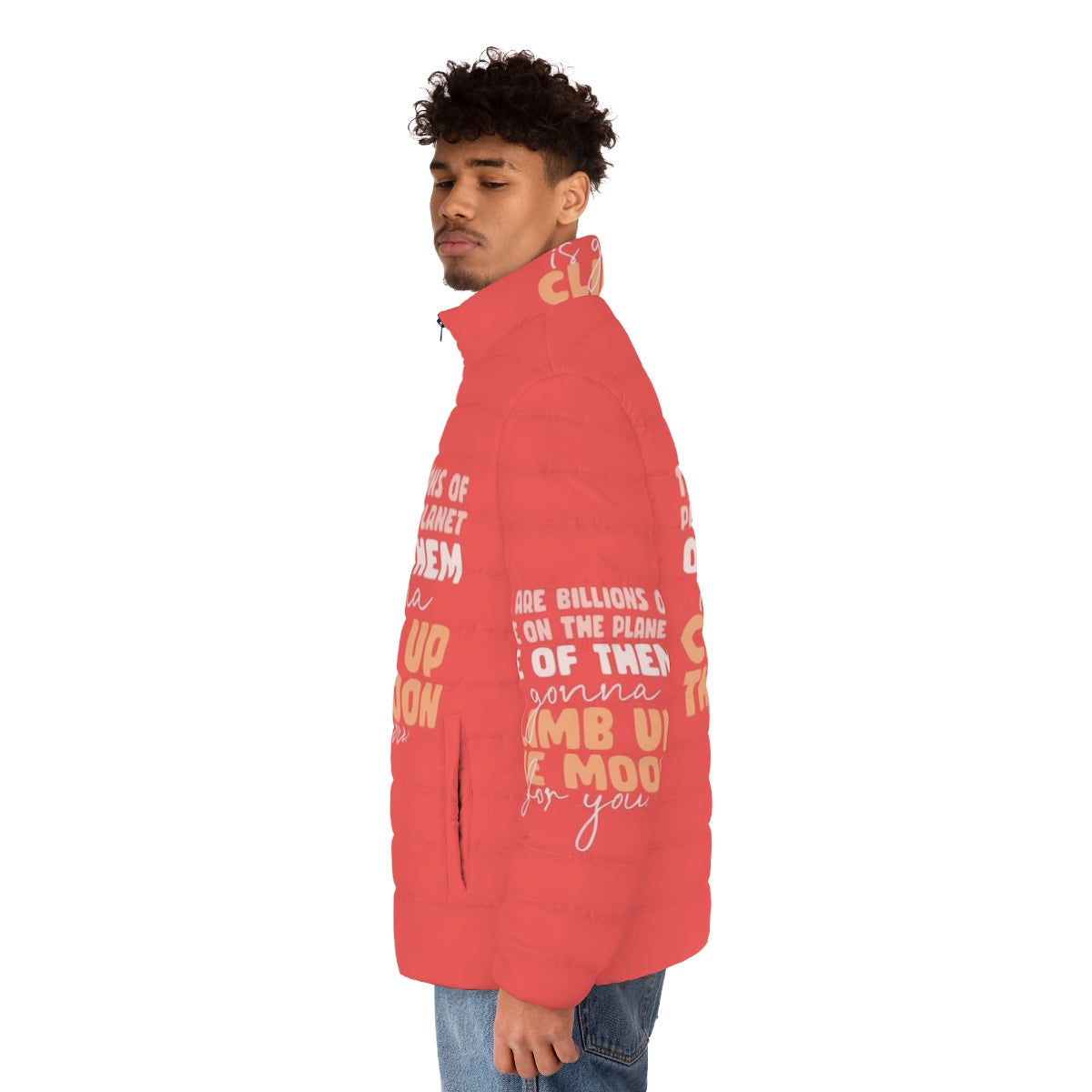 Puffer jacket with "Sex Education" love quote design - men side left