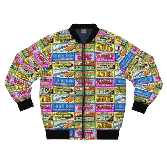 An Idiocracy-inspired bomber jacket featuring pop culture quotes and references.