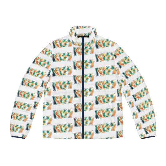 Tropical tie dye puffer jacket with Kiss the Band logo