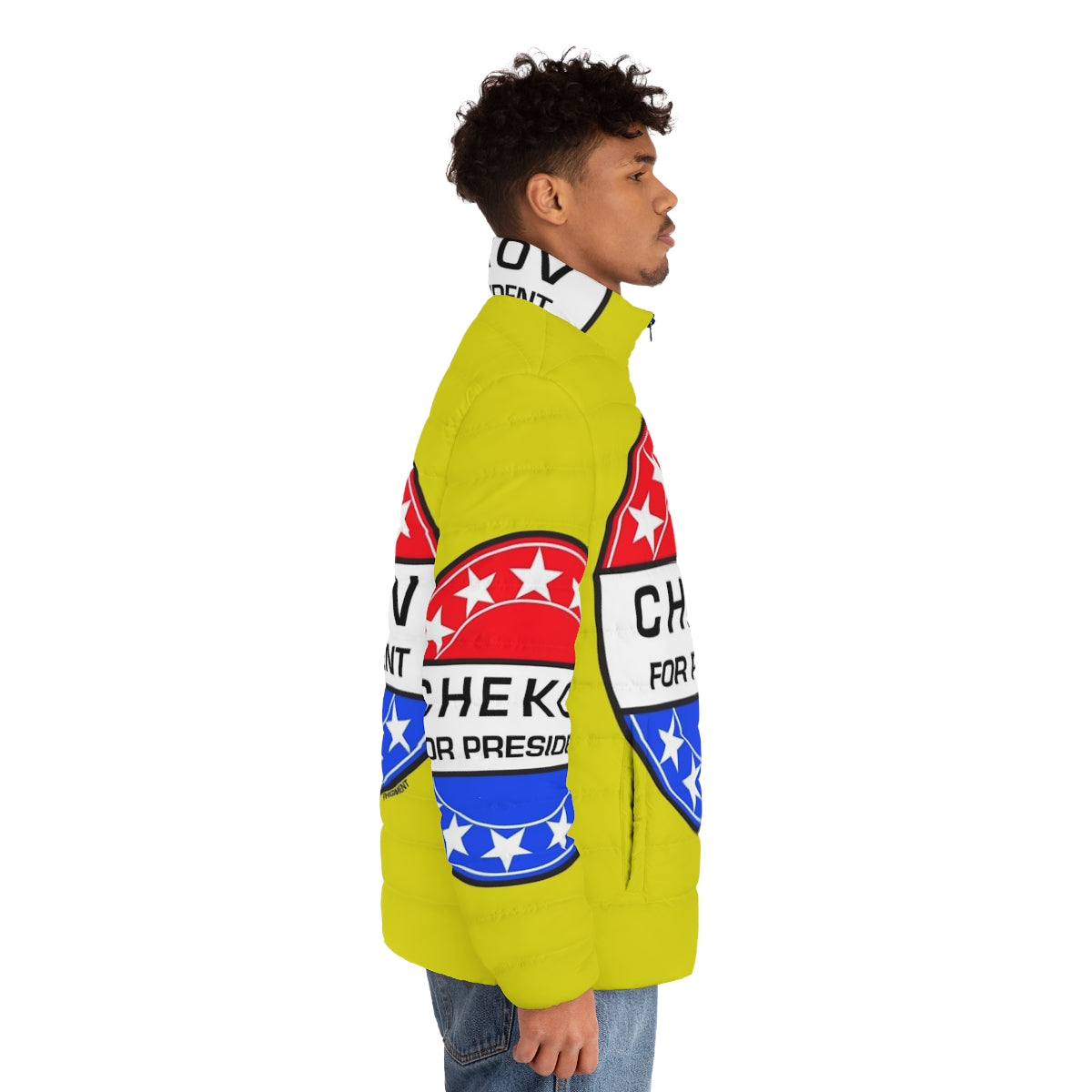 Chekov for President Sci-Fi Puffer Jacket with Star Trek and Pop Art Design - men side right