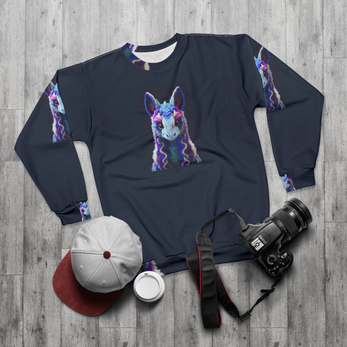 Mythical creature sweatshirt with vibrant fantasy design - flat lay