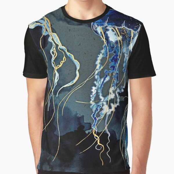 Metallic ocean abstract art graphic design on a t-shirt