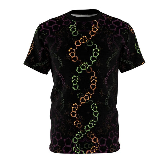 T-shirt featuring a psychedelic design of MDMA and 2C-B molecules, with a visionary, trippy aesthetic.