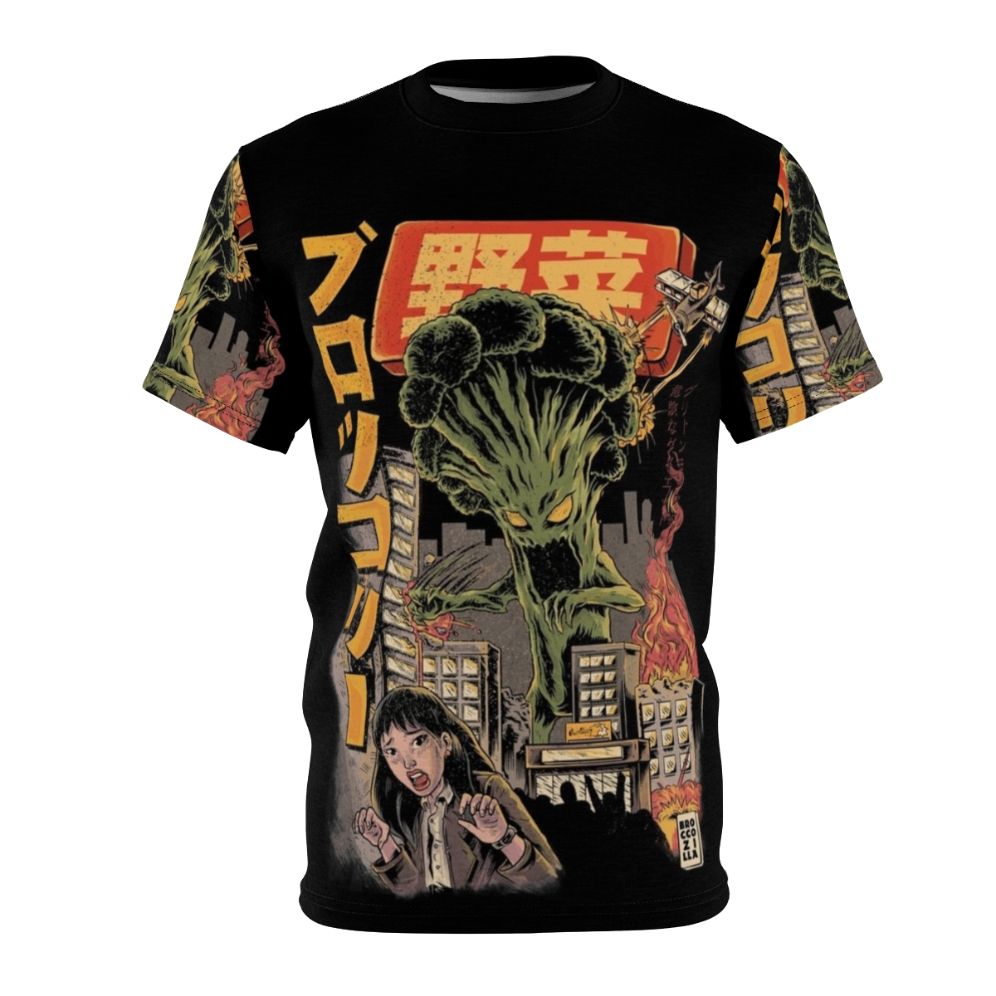 Illustration of a giant, mutant broccoli creature on a black t-shirt