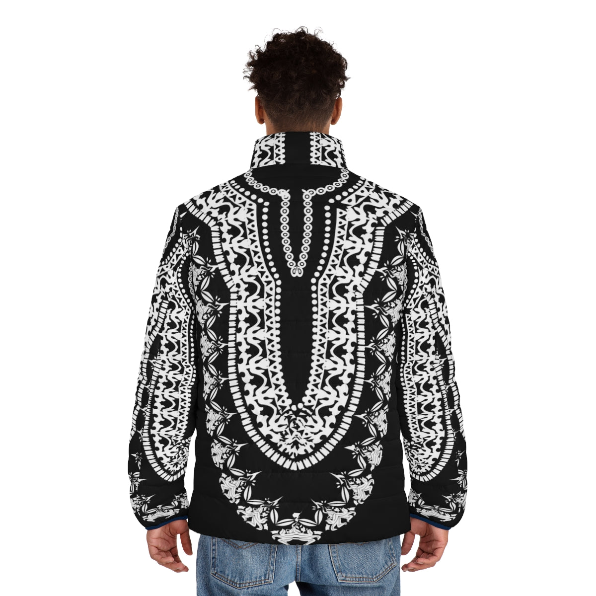 A black puffer jacket with a wakanda-inspired tribal pattern design - men back