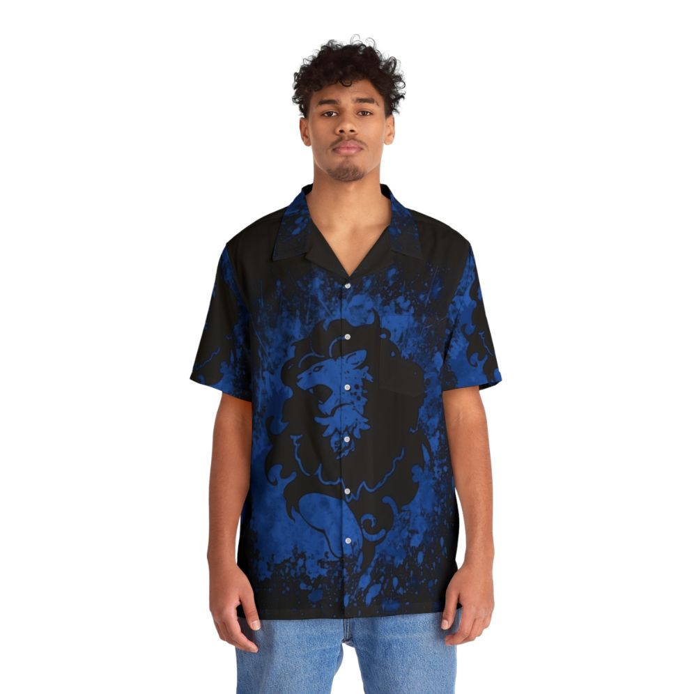 Blue lion splatter pattern Hawaiian-style shirt inspired by Fire Emblem - People Front