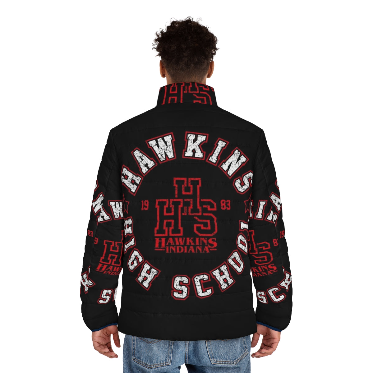 Retro '80s Hawkins High School Puffer Jacket inspired by Stranger Things - men back