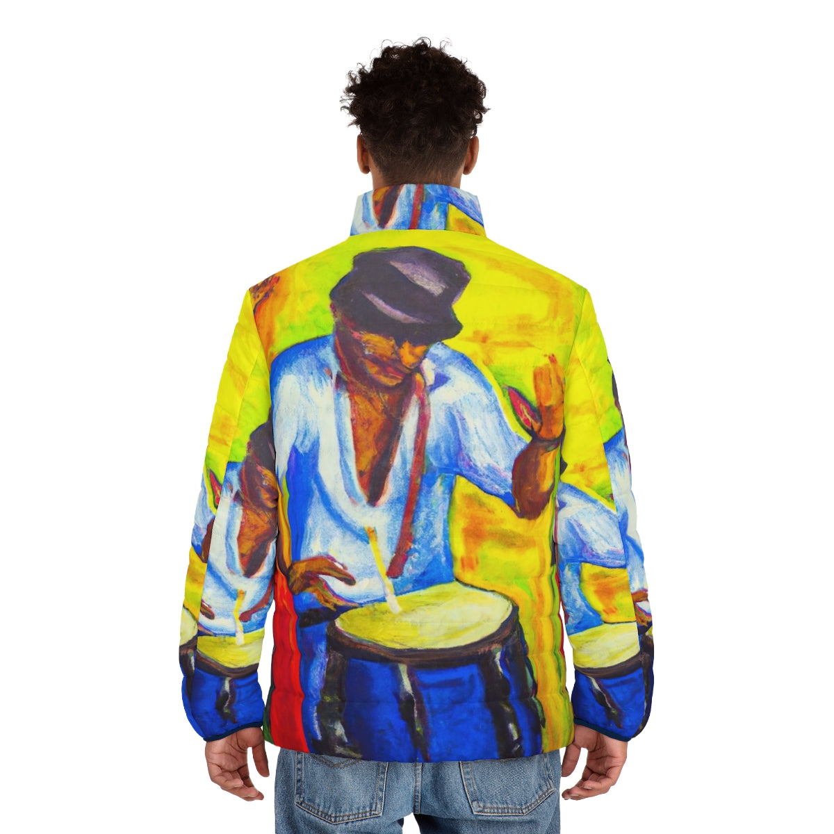 Colorful puffer jacket with oil painting design featuring rumba and latin music elements - men back