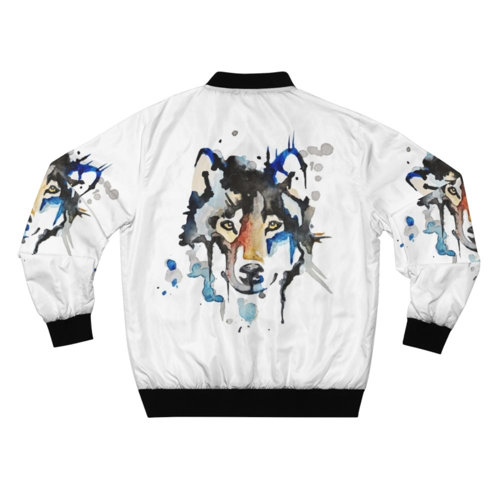 Watercolor wolf design on a bomber jacket with abstract realism style - Back