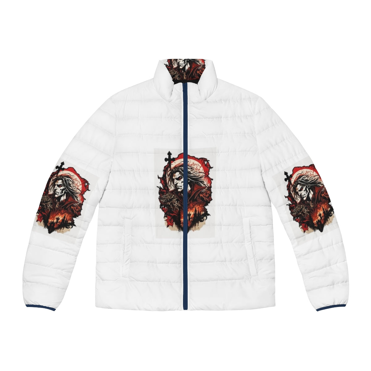 Dracula Castlevania inspired puffer jacket with gothic sticker design