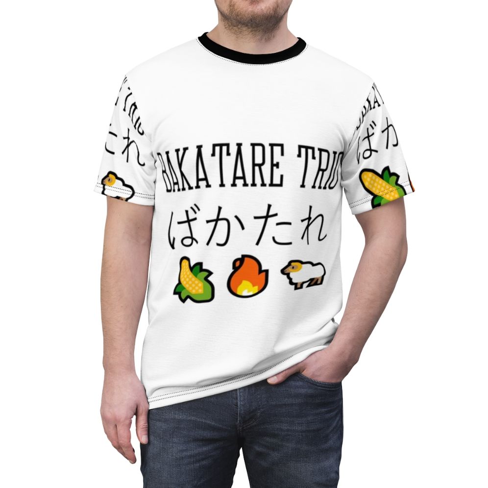 Hololive-inspired t-shirt featuring the Bakatare Trio - Shirakami Fubuki, Shiranui Flare, and Tsunomaki Watame - men front