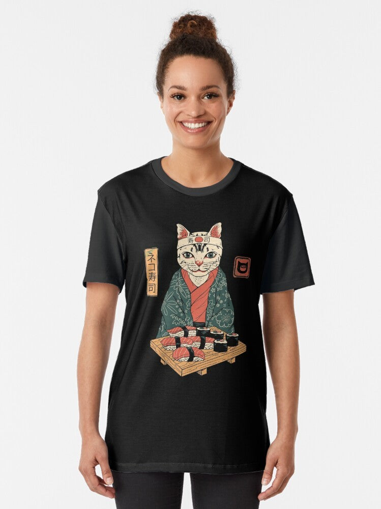 Neko Sushi Bar Graphic T-Shirt - Cute Cat and Sushi Design - Women