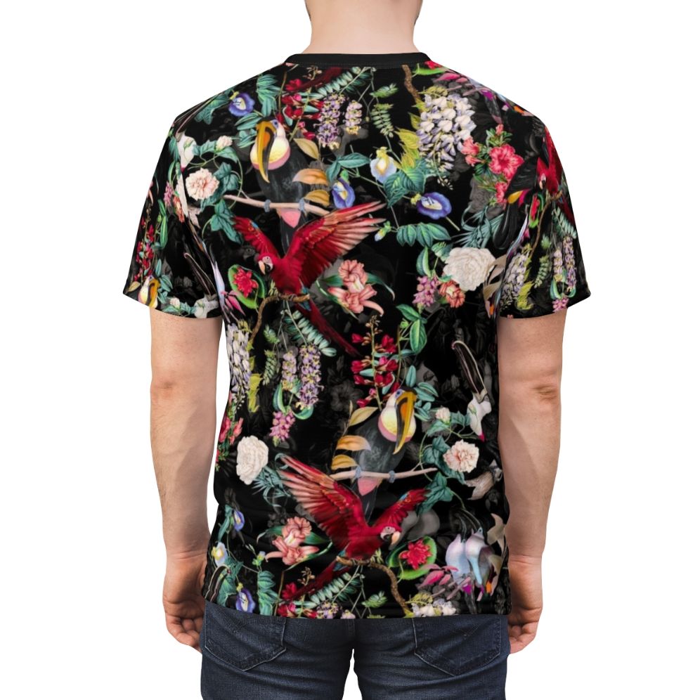 Closeup of a floral and bird print pattern on a t-shirt - men back