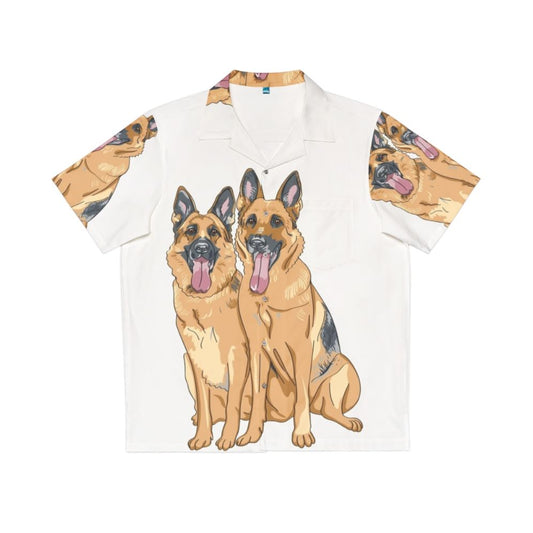 German shepherd dog wearing a colorful Hawaiian shirt