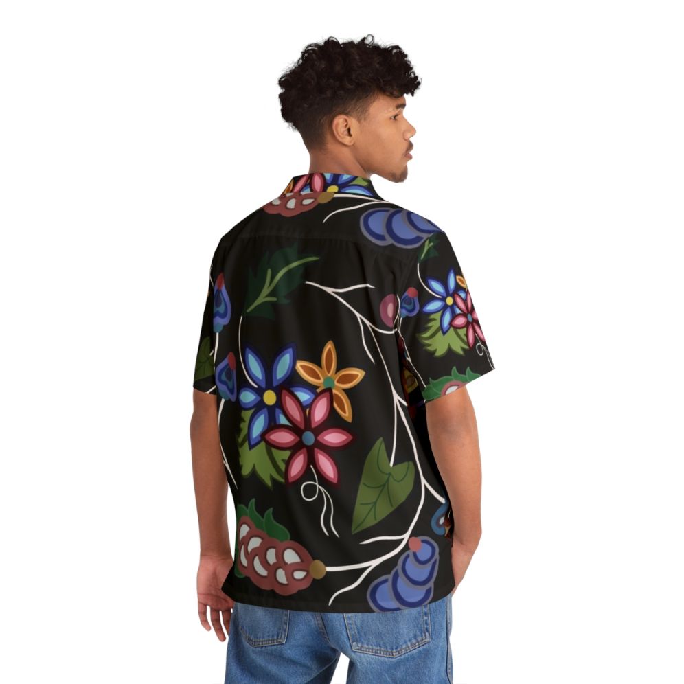 Anishnawbe Hawaiian Shirt with Tropical Floral Patterns - Flat lay