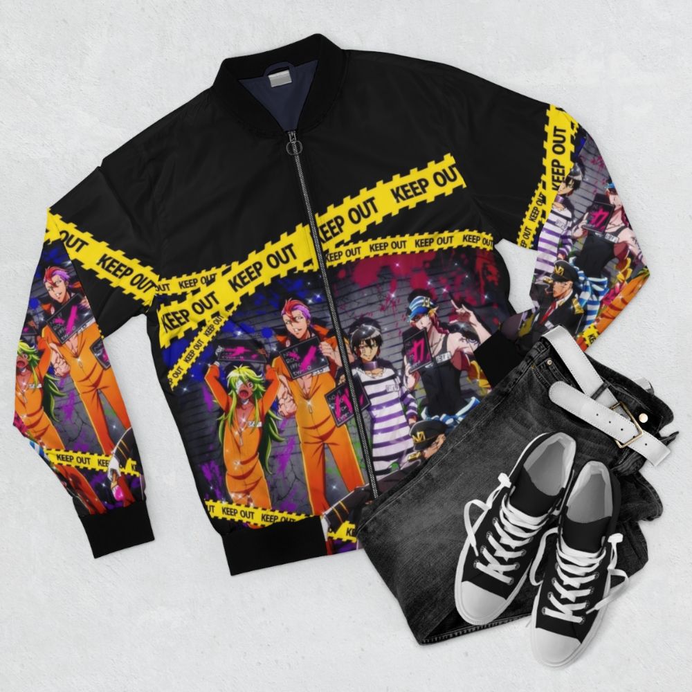 Nanbaka anime-inspired bomber jacket featuring characters from the series - Flat lay