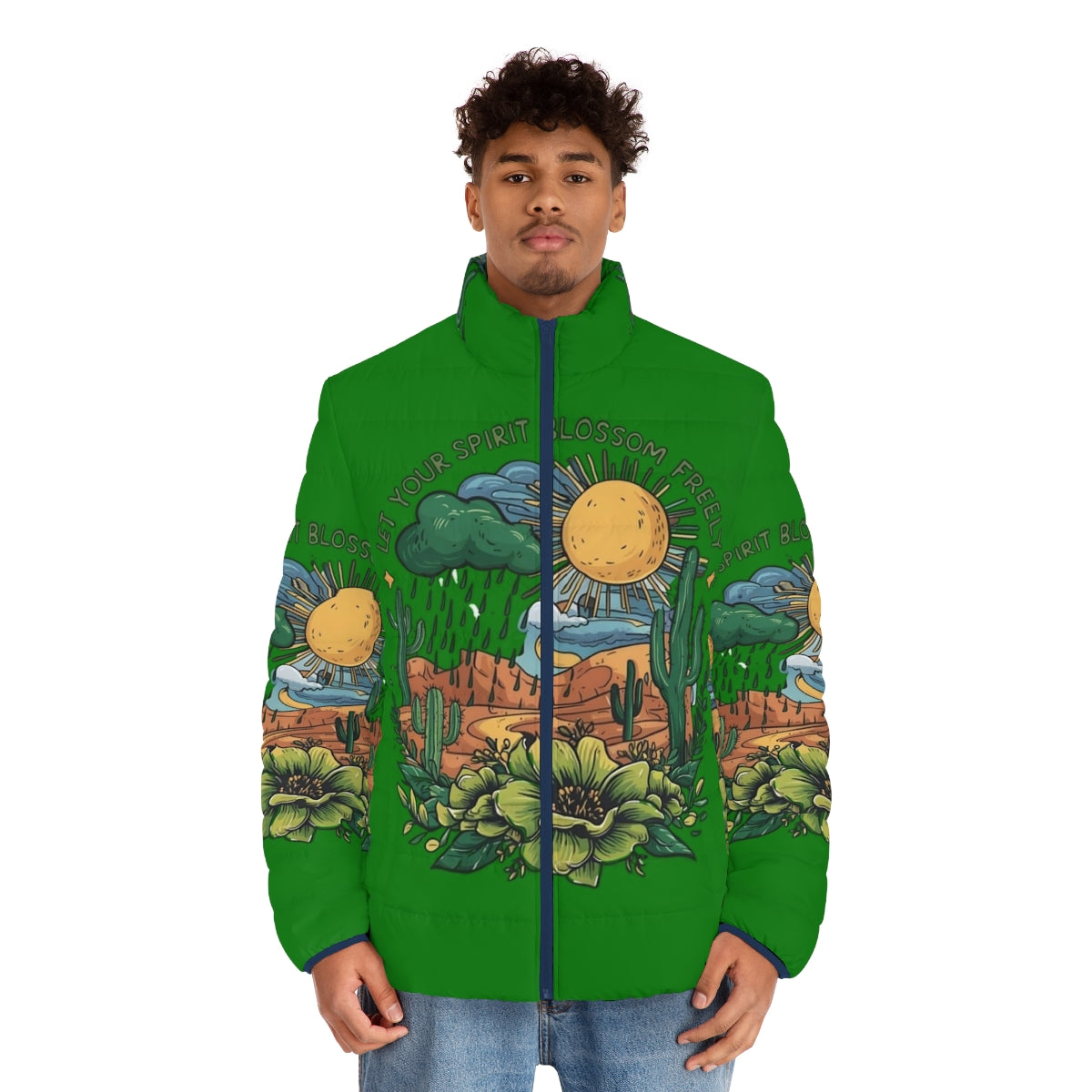 Woman wearing a floral print puffer jacket standing in a desert landscape - men front