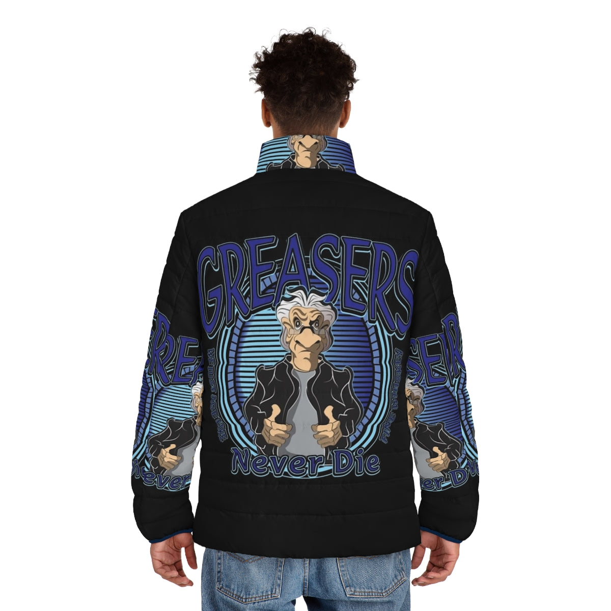 Grease-inspired puffer jacket with humorous 'Greasers Never Die' design - men back