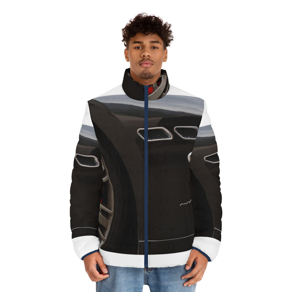 Granturismo Puffer Jacket with Maserati logo and sports car design - men front