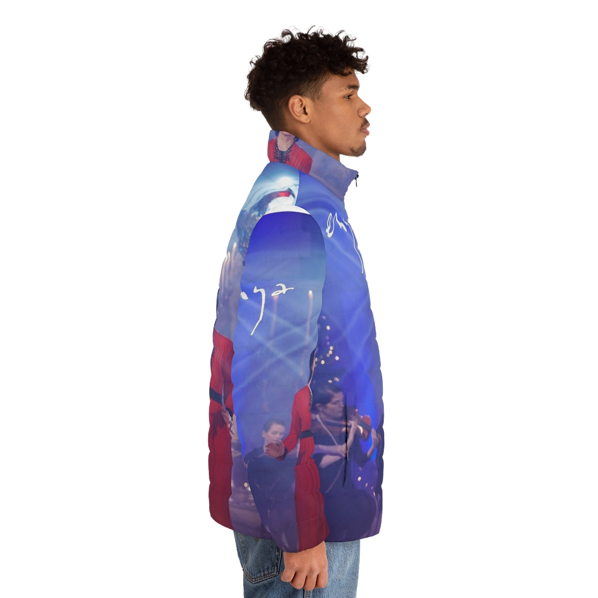 Enya-inspired puffer jacket with winter motifs and music-themed design - men side right