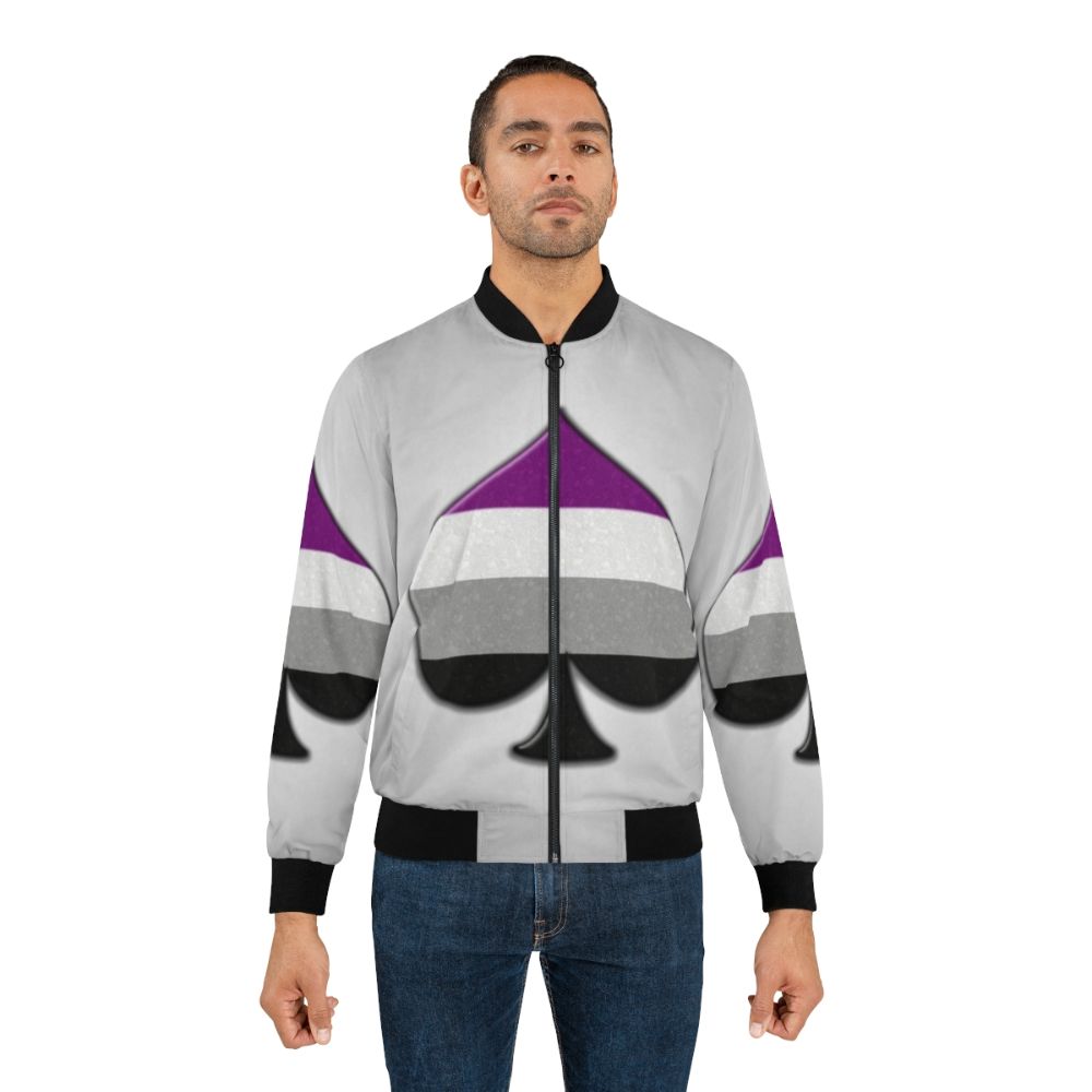 Asexual pride bomber jacket featuring a large ace symbol in the colors of the asexual pride flag - Lifestyle