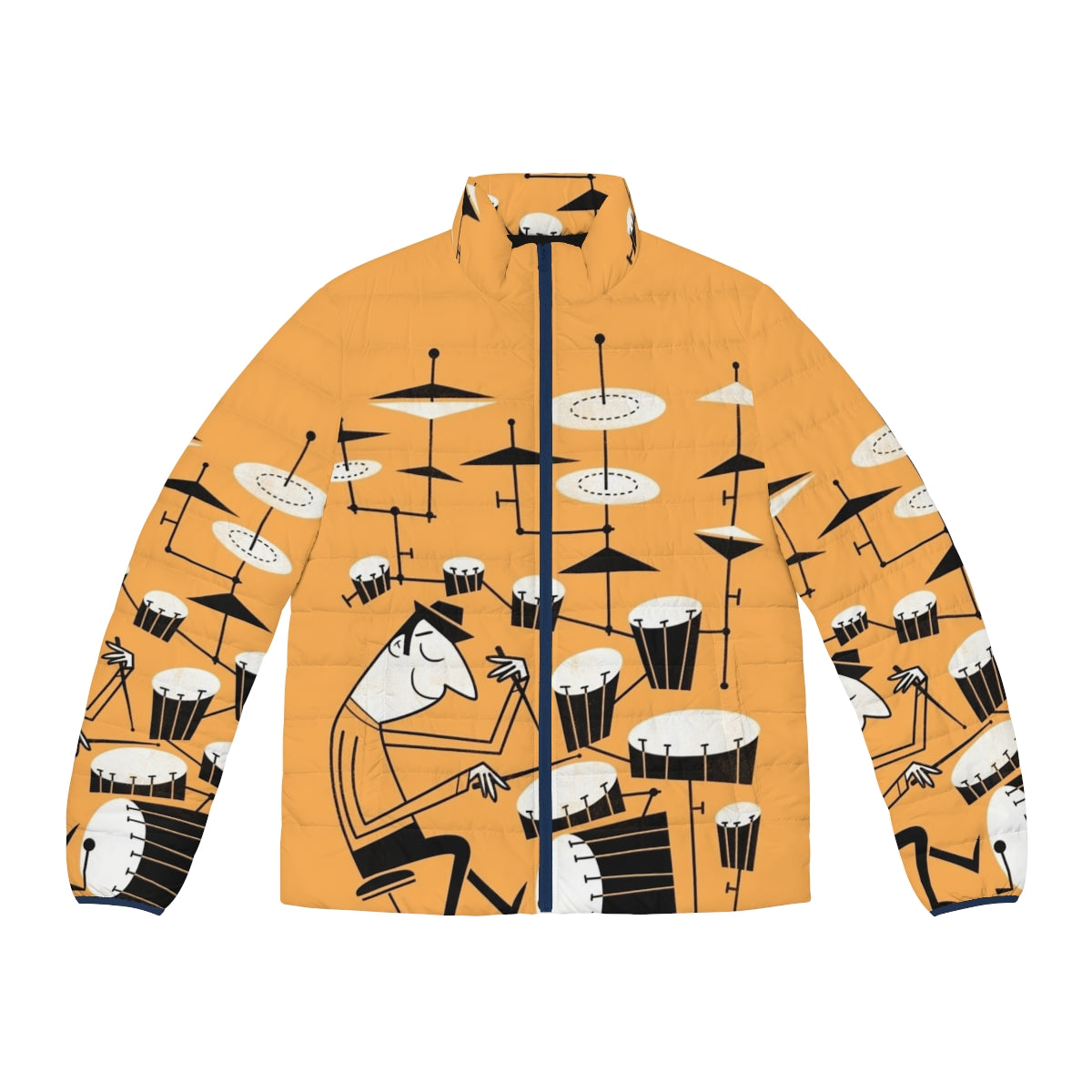 Puffer jacket with a graphic design of a funky drummer and the text "Play That Beat"