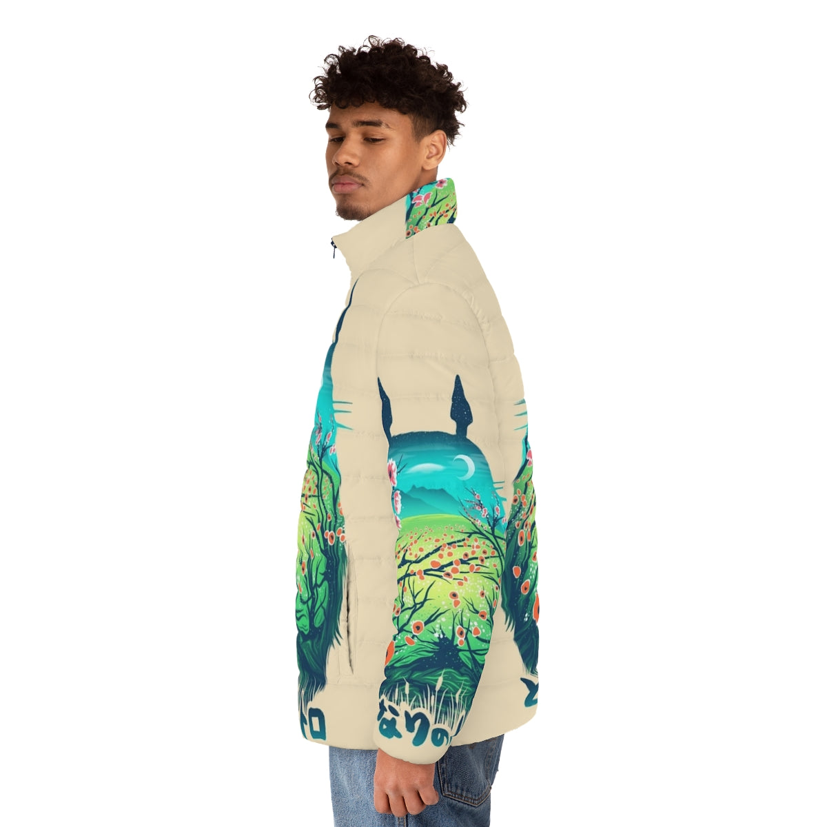 A cozy puffer jacket featuring an anime-inspired design with a fantasy forest landscape and a stylish "neighbor" graphic. - men side left