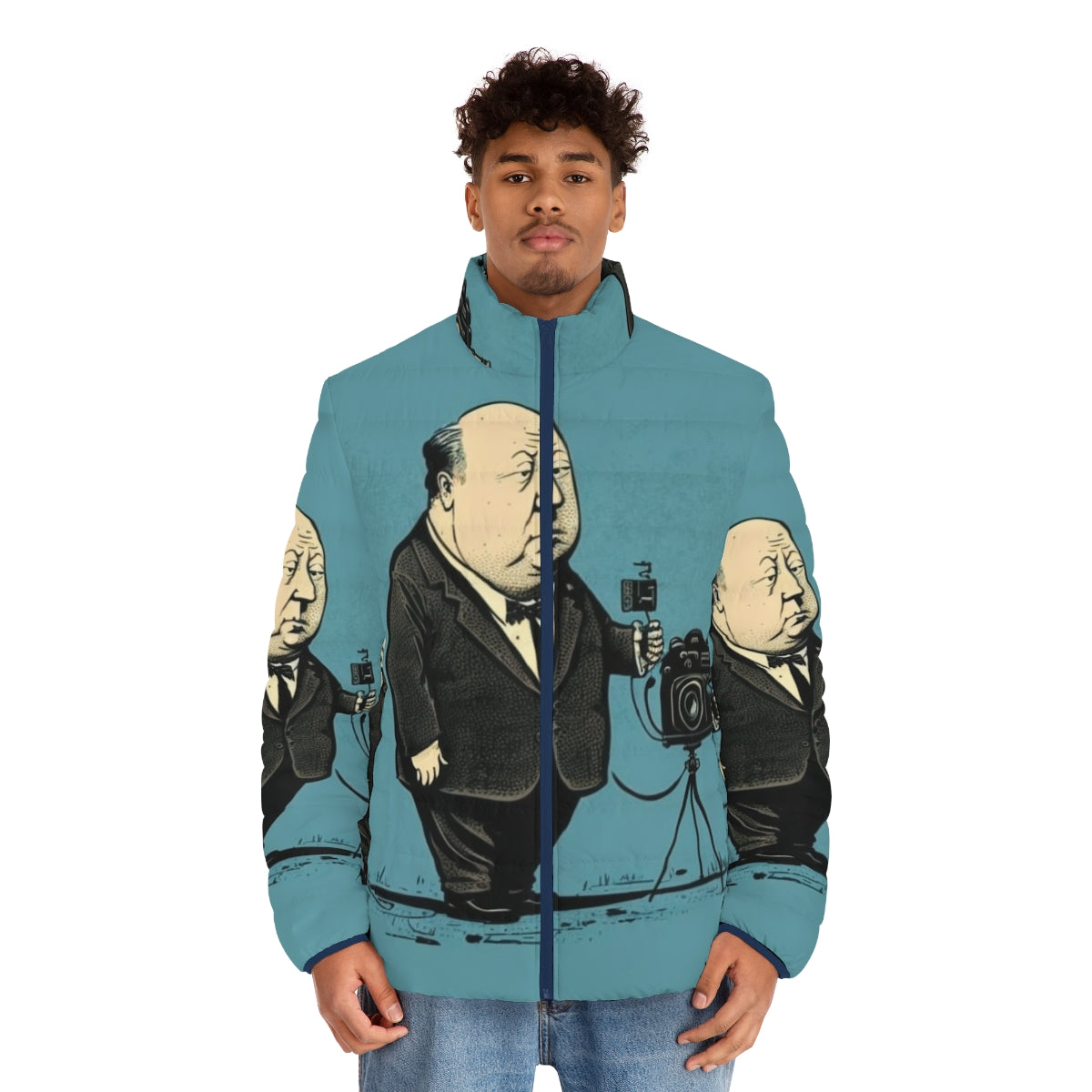 Alfred Hitchcock inspired puffer jacket with illustration design - men front