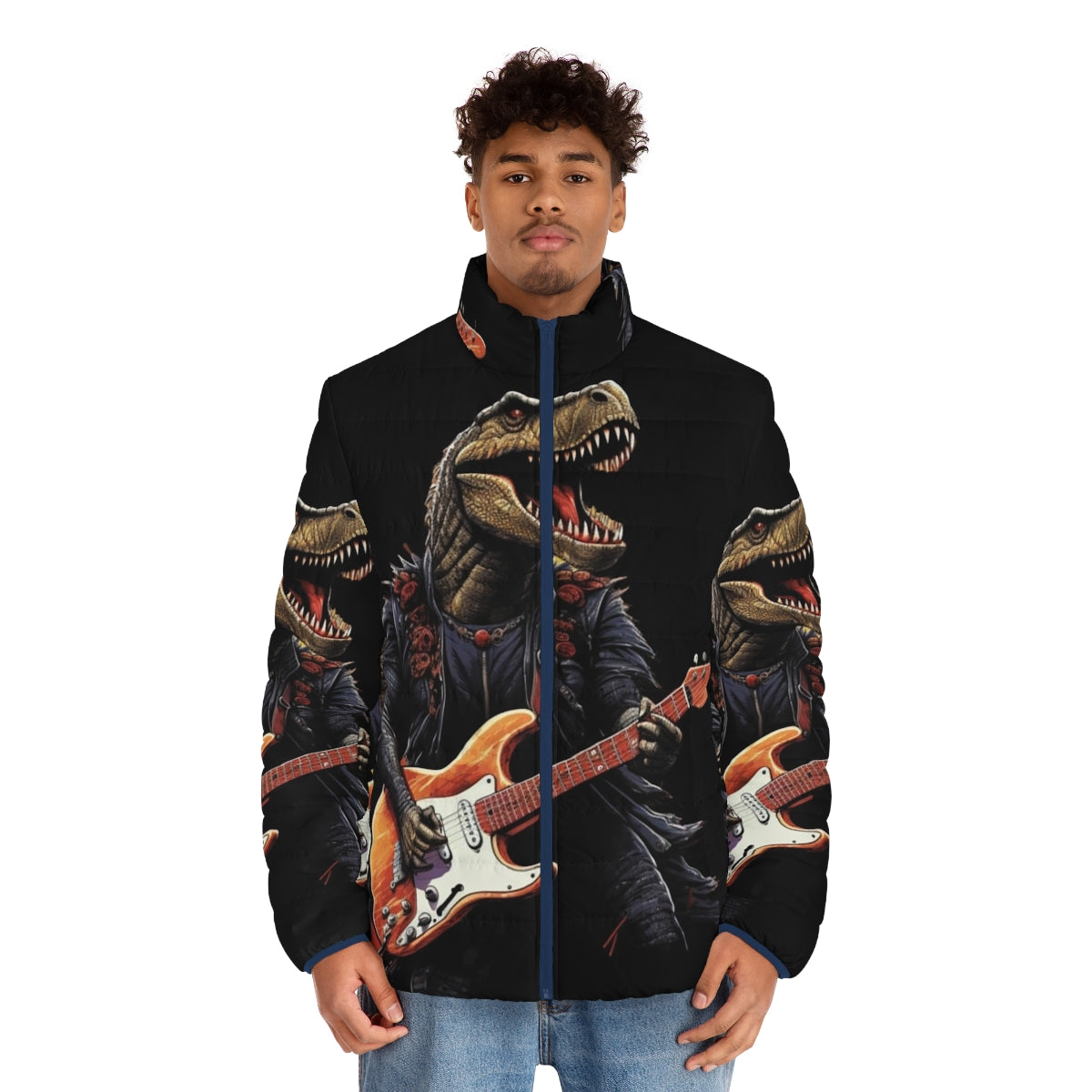 A dinosaur playing a guitar on a puffer jacket, a fun and unique prehistoric rock music lover gift. - men front