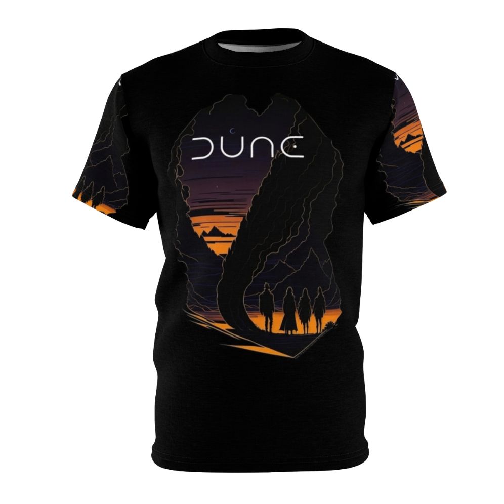 Dune-inspired graphic t-shirt design featuring a sci-fi desert landscape