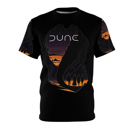 Dune-inspired graphic t-shirt design featuring a sci-fi desert landscape