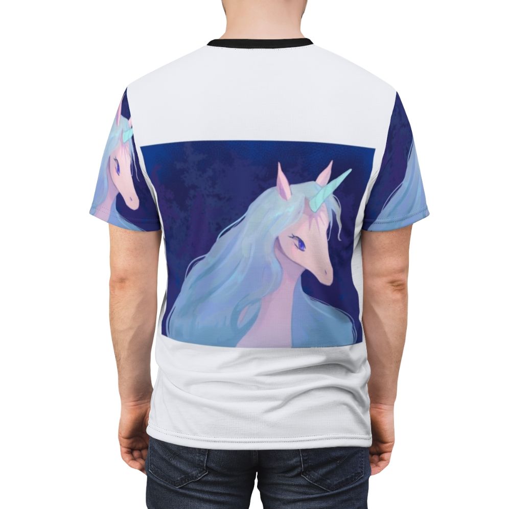 Whimsical illustration of the iconic unicorn from the classic fantasy film "The Last Unicorn" on a high-quality t-shirt. - men back