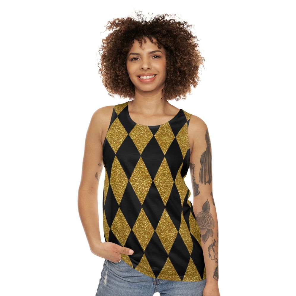 Black and gold harlequin pattern unisex tank top - women