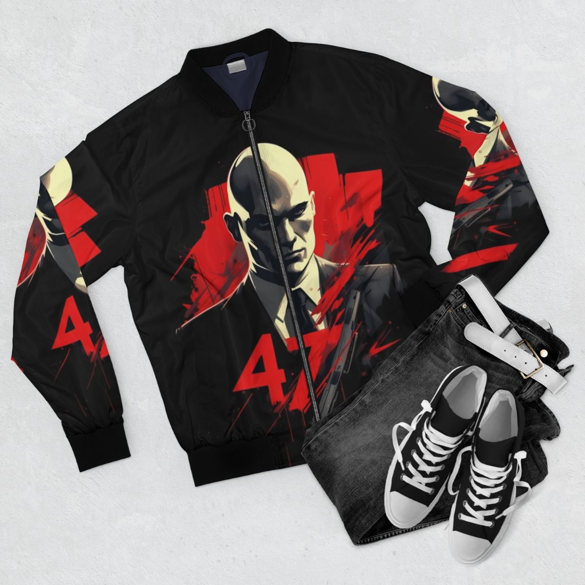 Agent 47 Bomber Jacket, a stylish gaming jacket for Hitman fans - Flat lay