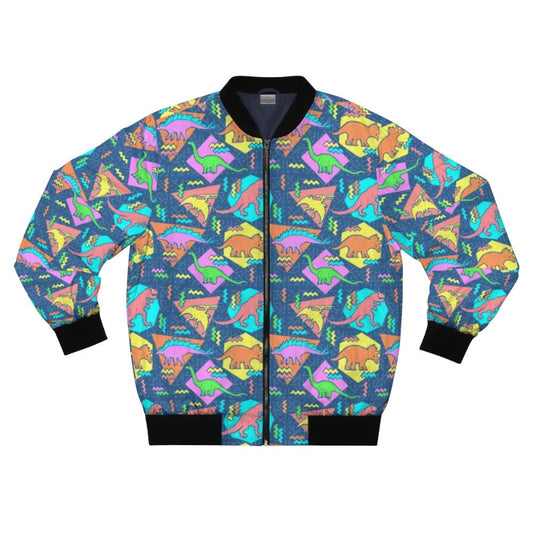 Nineties-inspired bomber jacket with a vibrant dinosaur and geometric pattern design.