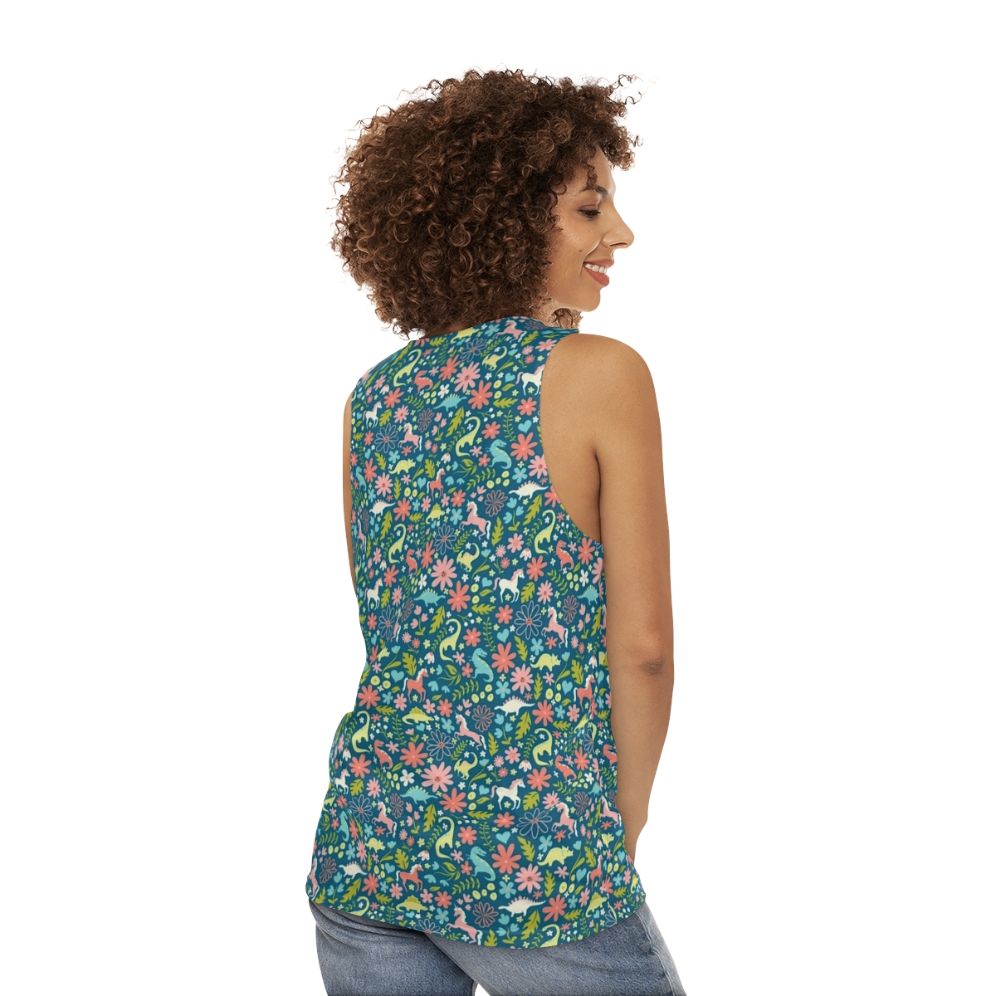 Dinosaur and unicorn unisex tank top with a floral pattern - women back