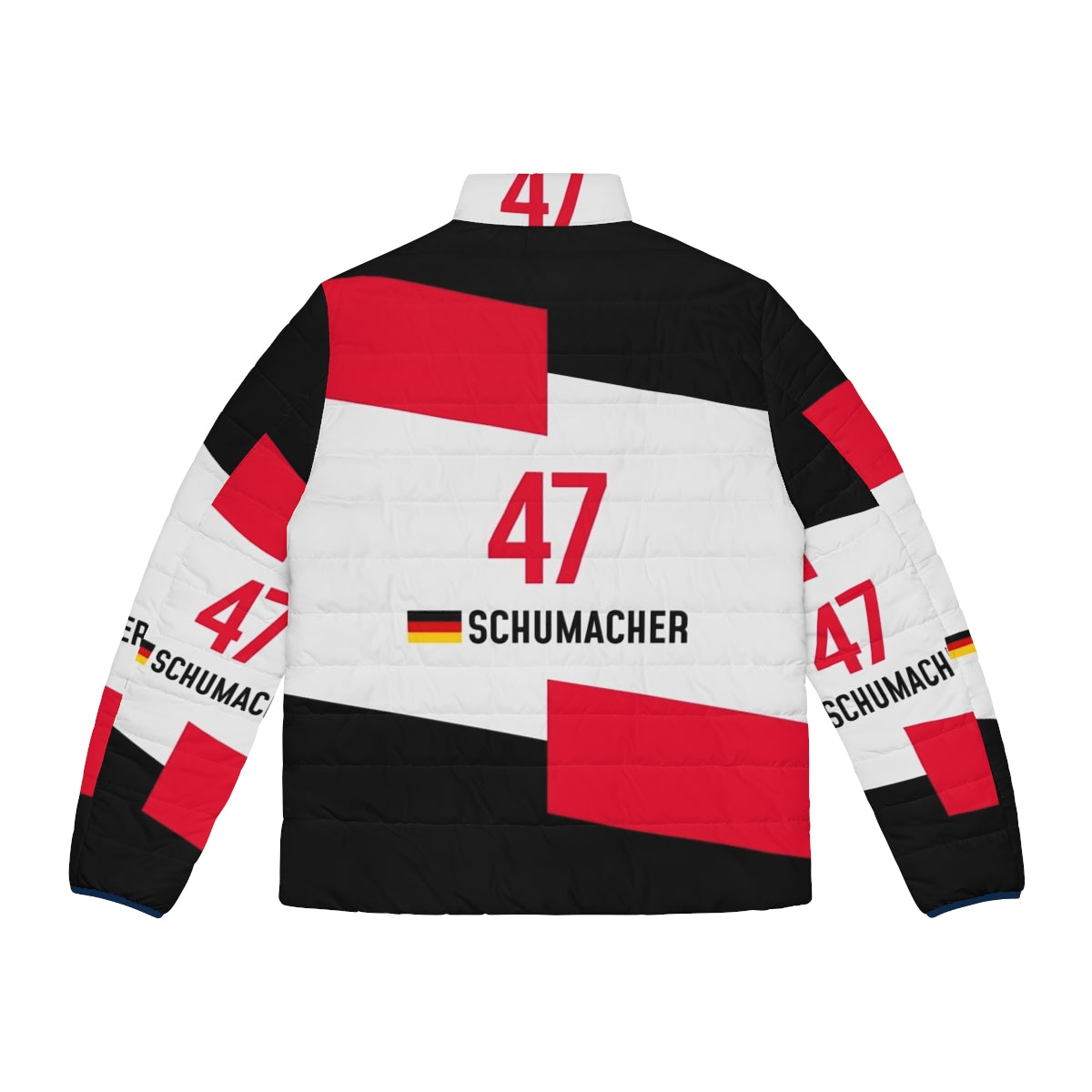 F1 2021 Schumacher Classic Puffer Jacket with racing, motorsport, and car design - Back