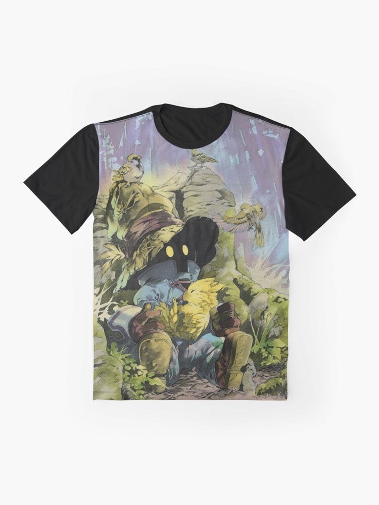 Vivi, the iconic Black Mage character from the Final Fantasy video game series, featured on a graphic t-shirt design. - Flat lay