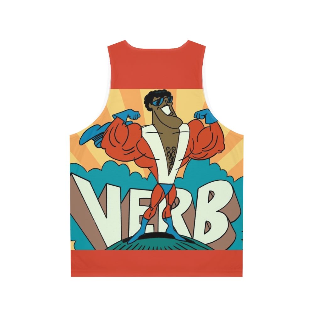 Unisex tank top with 1970s cartoon superhero verb design - Back