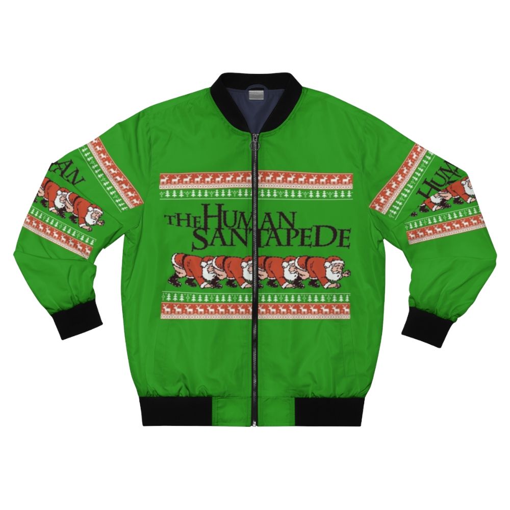 The "Human Centipede" inspired Christmas sweater bomber jacket with a disturbing horror movie design