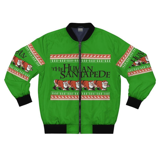 The "Human Centipede" inspired Christmas sweater bomber jacket with a disturbing horror movie design