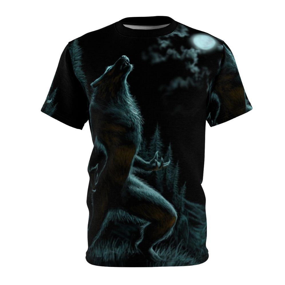 Howling werewolf illustration on a black t-shirt